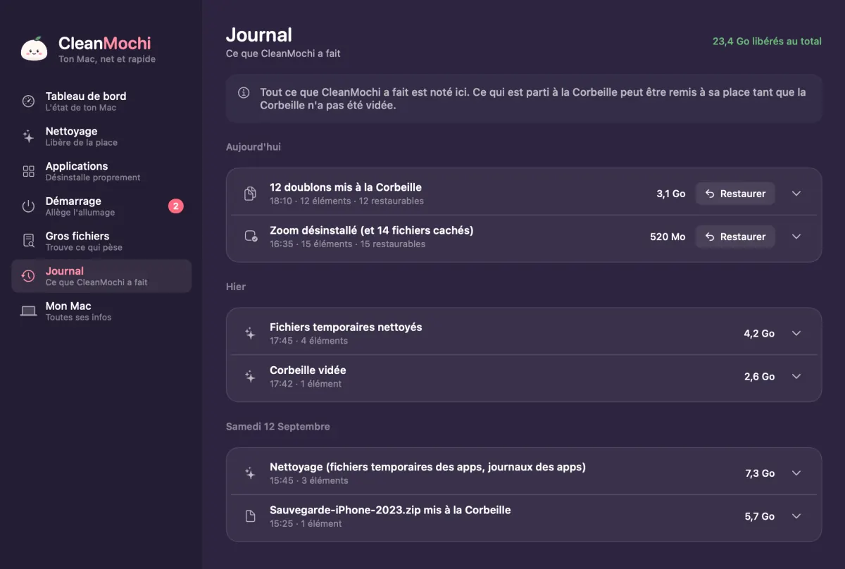 Journal de CleanMochi : une app désinstallée avec ses 14 fichiers cachés, restaurable en un clic.