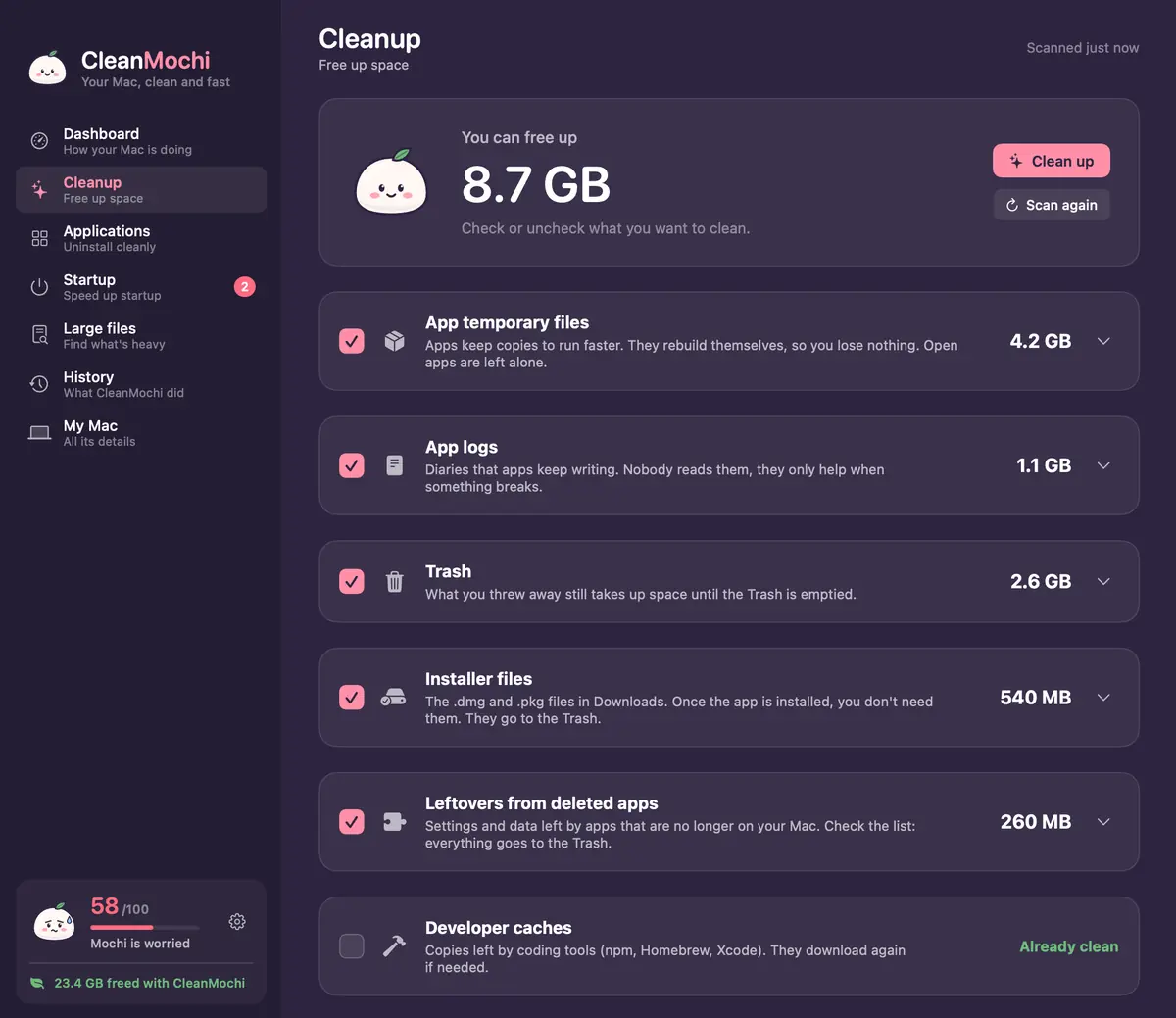 CleanMochi cleanup screen: 8.7 GB to recover across temporary files, app logs, Trash, installers and leftovers from uninstalled apps.